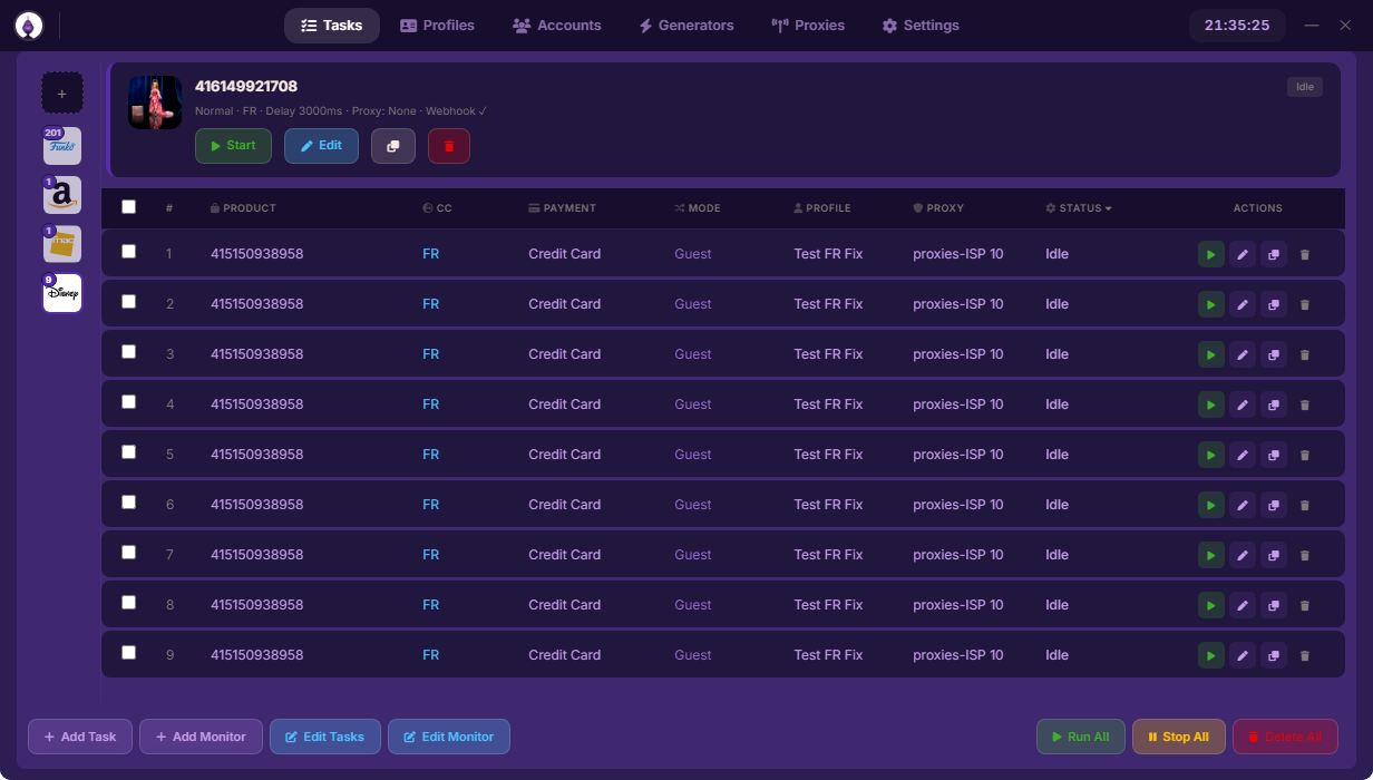 YvorAIO Windows checkout bot dashboard showing active tasks monitoring Amazon, Disney Store, Funko and Fnac with live status, proxy rotation and profile management